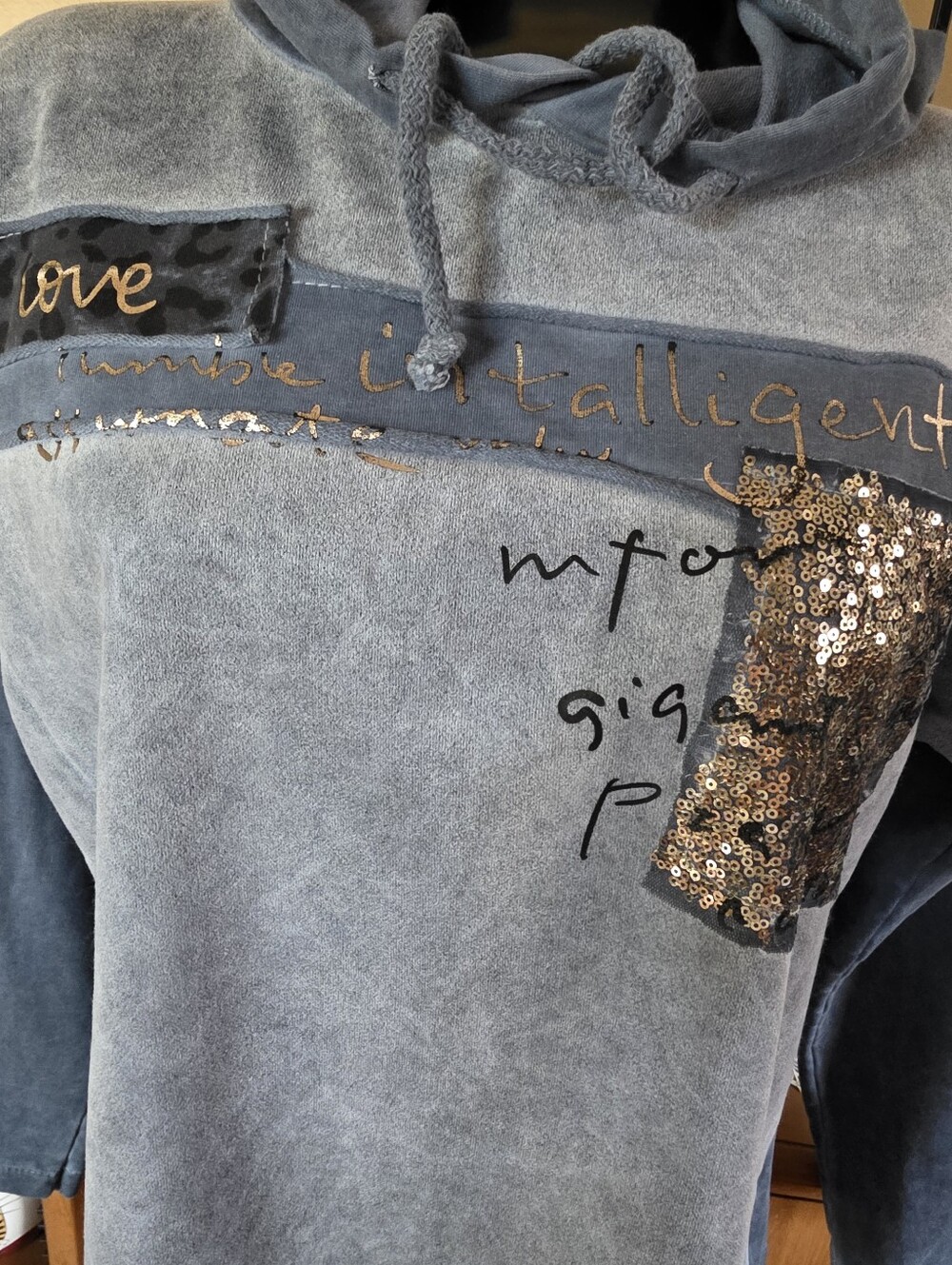 Made In Italy Sequin Pullover Suede Like Fabric Lightweight Hoodie in Dusty Blue - Picture 5 of 12